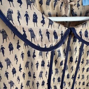 Peter Pan Collar Aphorism Beige and Navy Women Silhouette print Blouse